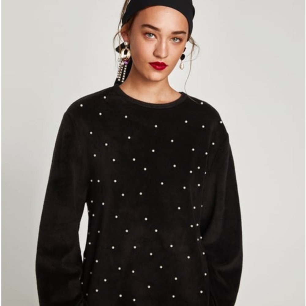 Zara Black Pearl Beaded Wide Sleeve Top